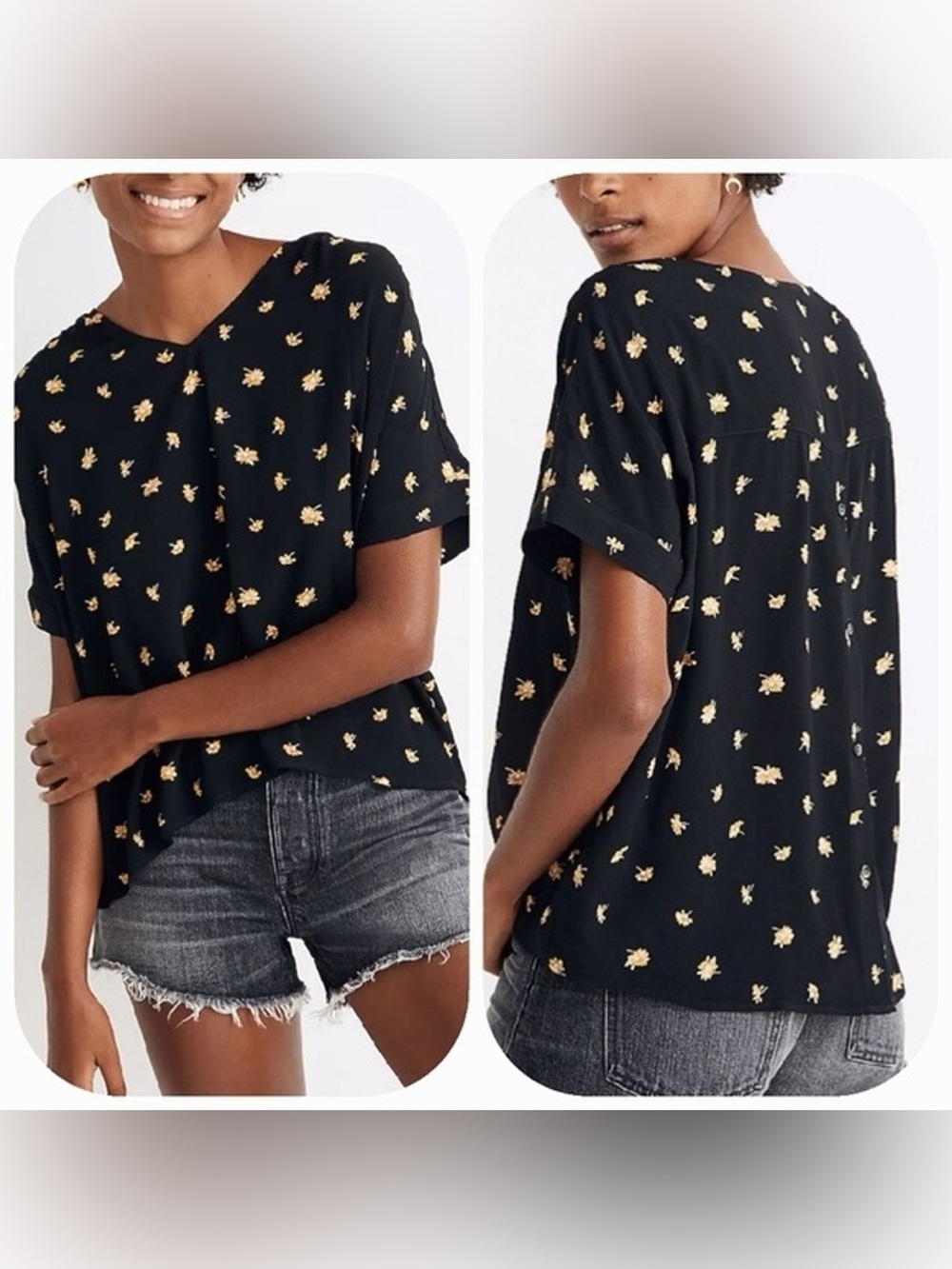 Madewell Black and French daisies Short-Sleeve Top size L